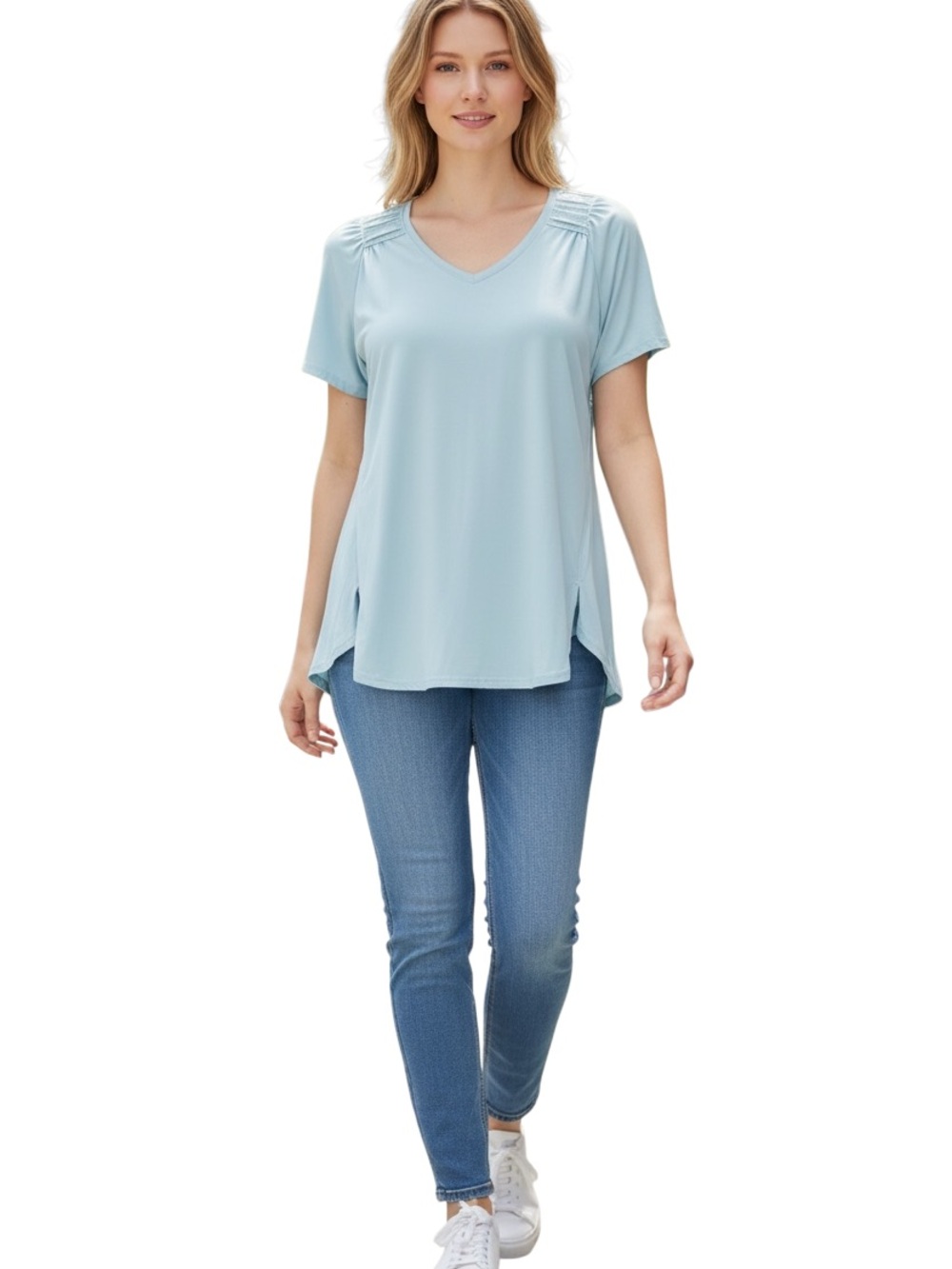 Catherine Malandrino Jersey Sport XL Light Blue V-Neck Soft Touch